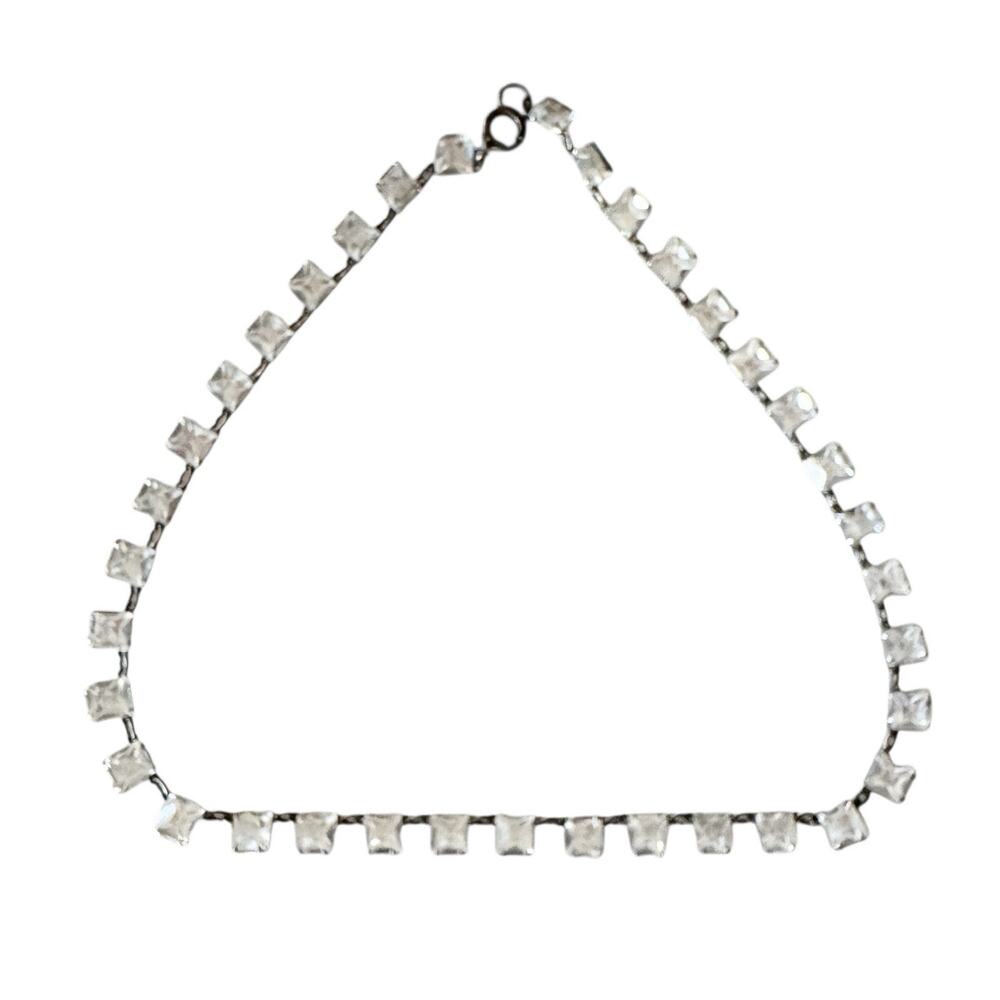 Vintage 1930 Square Cut Clear Glass Silver Necklace Spring Ring Closure